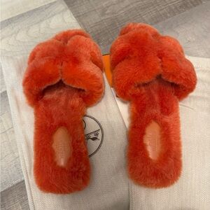 Hermes Vibrant Orange Fuzzy Slippers